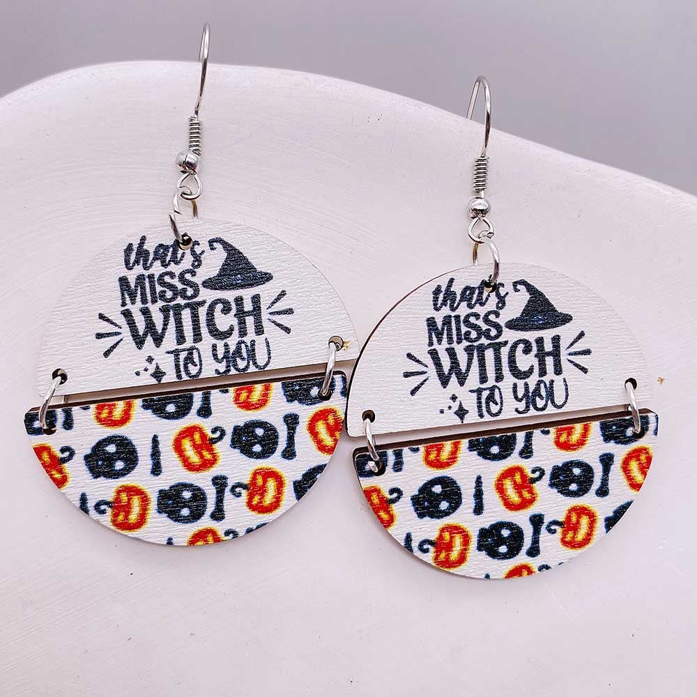 Wholesale Halloween Two Half Circles Patchwork Wooden Earrings